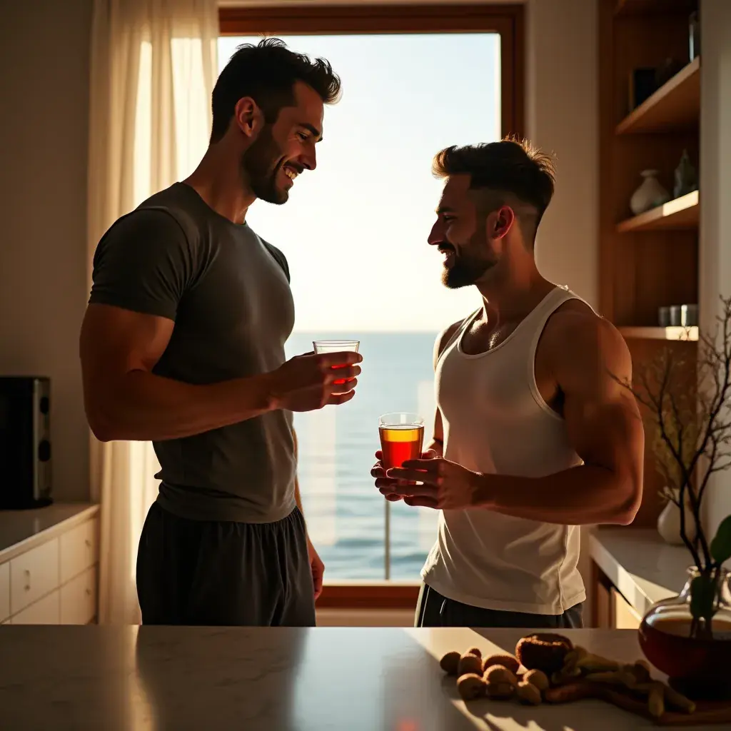 Čaj za jačanje muškaraca, s ginsengom i makom, prikazan u šalici na drvenoj podlozi.